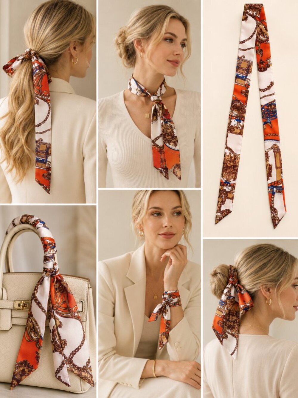 Orange Brown Equestrian Silk Hair Scarf Handle Wrap Neck Accent
